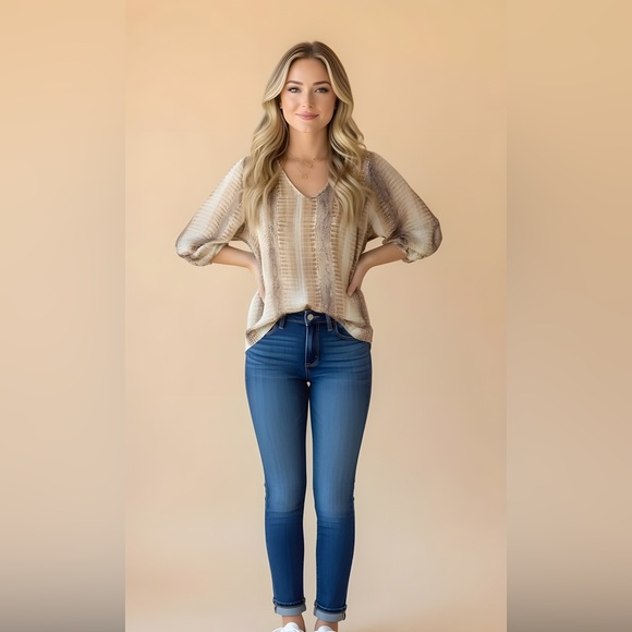 Adrienne Tops - NWT Adrienne Rich Brown and Tan Crocodile Textured Blouse - Size S